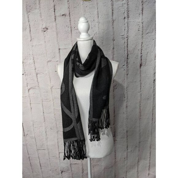 Coach Gray Black 100% Merino Wool Scarf w Fringe - Picture 4 of 11